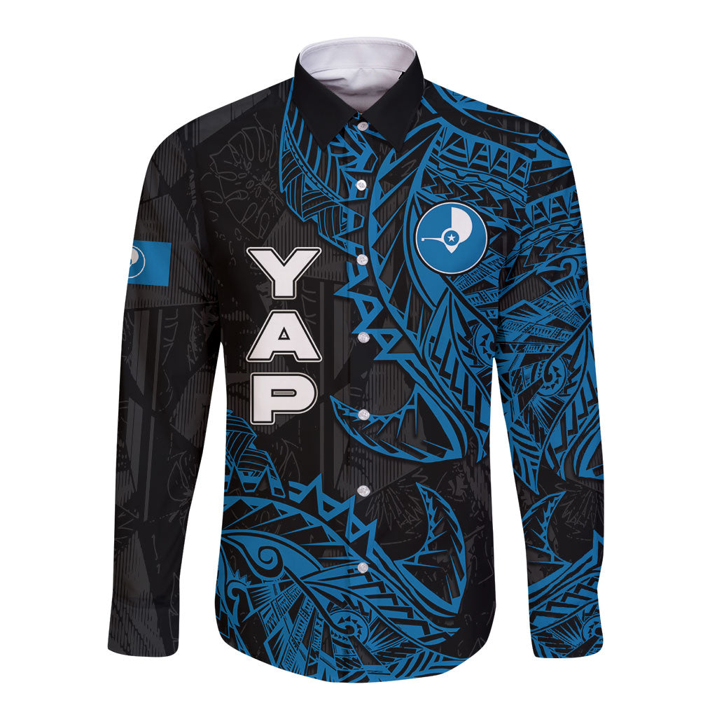Yap Island Tribal Heritage Long Sleeve Button Shirt Micronesian Polynesian Tattoo Pattern Blue Black Cultural Art