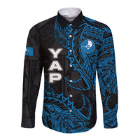 Yap Island Tribal Heritage Long Sleeve Button Shirt Micronesian Polynesian Tattoo Pattern Blue Black Cultural Art