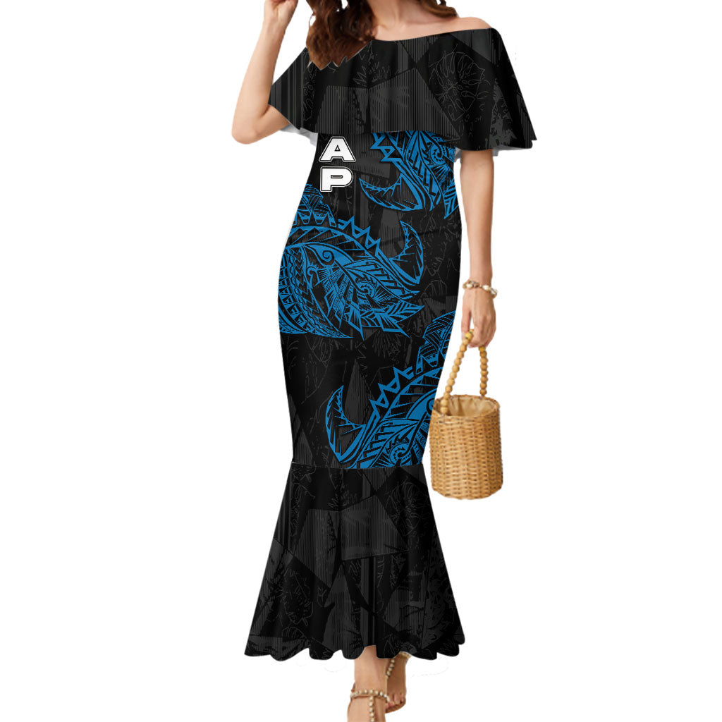 Yap Island Tribal Heritage Mermaid Dress Micronesian Polynesian Tattoo Pattern Blue Black Cultural Art
