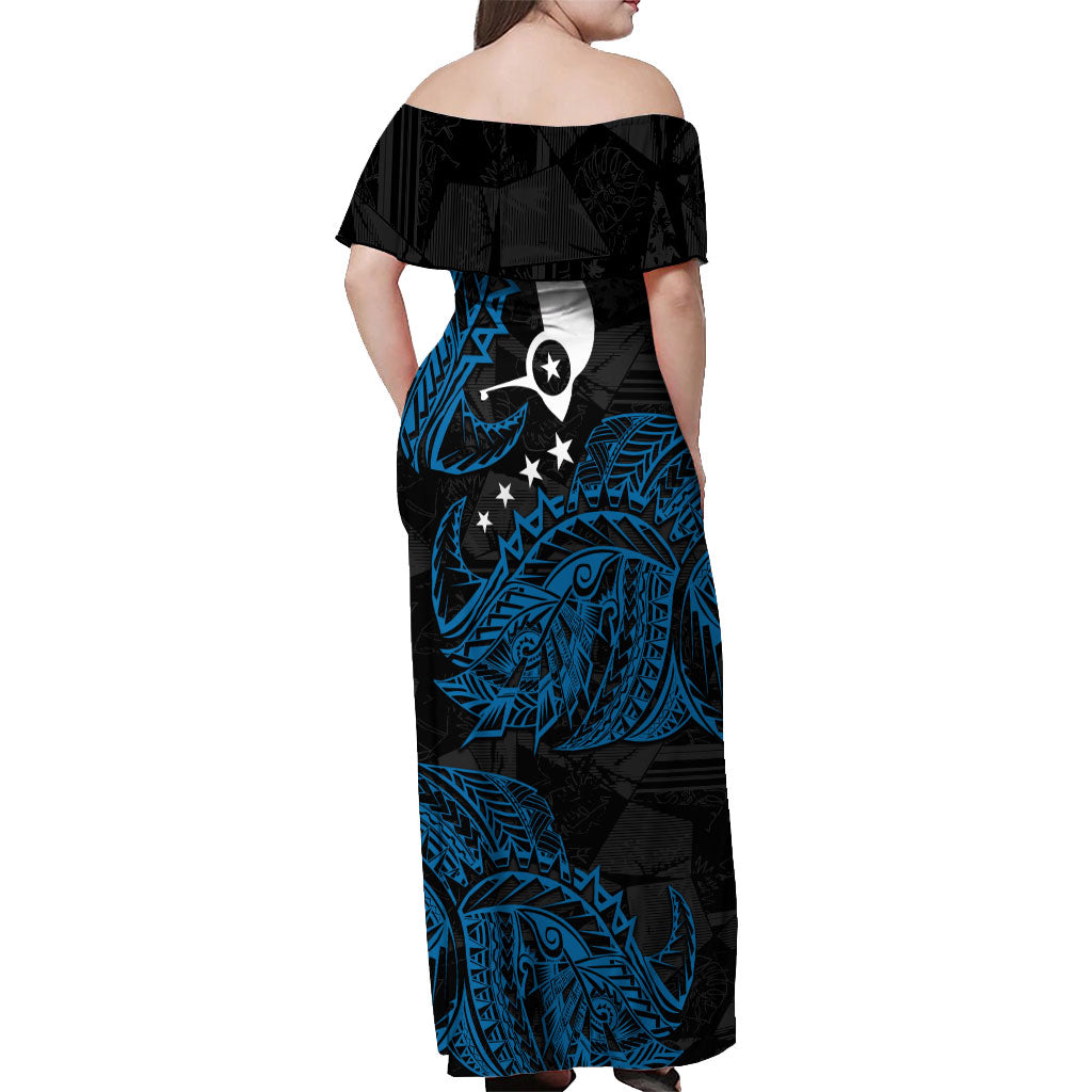 Yap Island Tribal Heritage Off Shoulder Maxi Dress Micronesian Polynesian Tattoo Pattern Blue Black Cultural Art