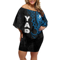 Yap Island Tribal Heritage Off Shoulder Short Dress Micronesian Polynesian Tattoo Pattern Blue Black Cultural Art
