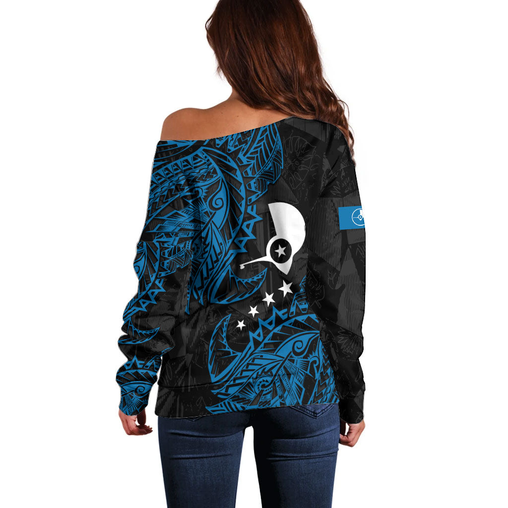 Yap Island Tribal Heritage Off Shoulder Sweater Micronesian Polynesian Tattoo Pattern Blue Black Cultural Art