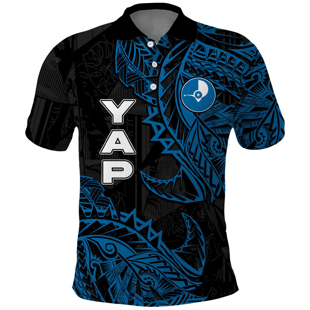 Yap Island Tribal Heritage Polo Shirt Micronesian Polynesian Tattoo Pattern Blue Black Cultural Art