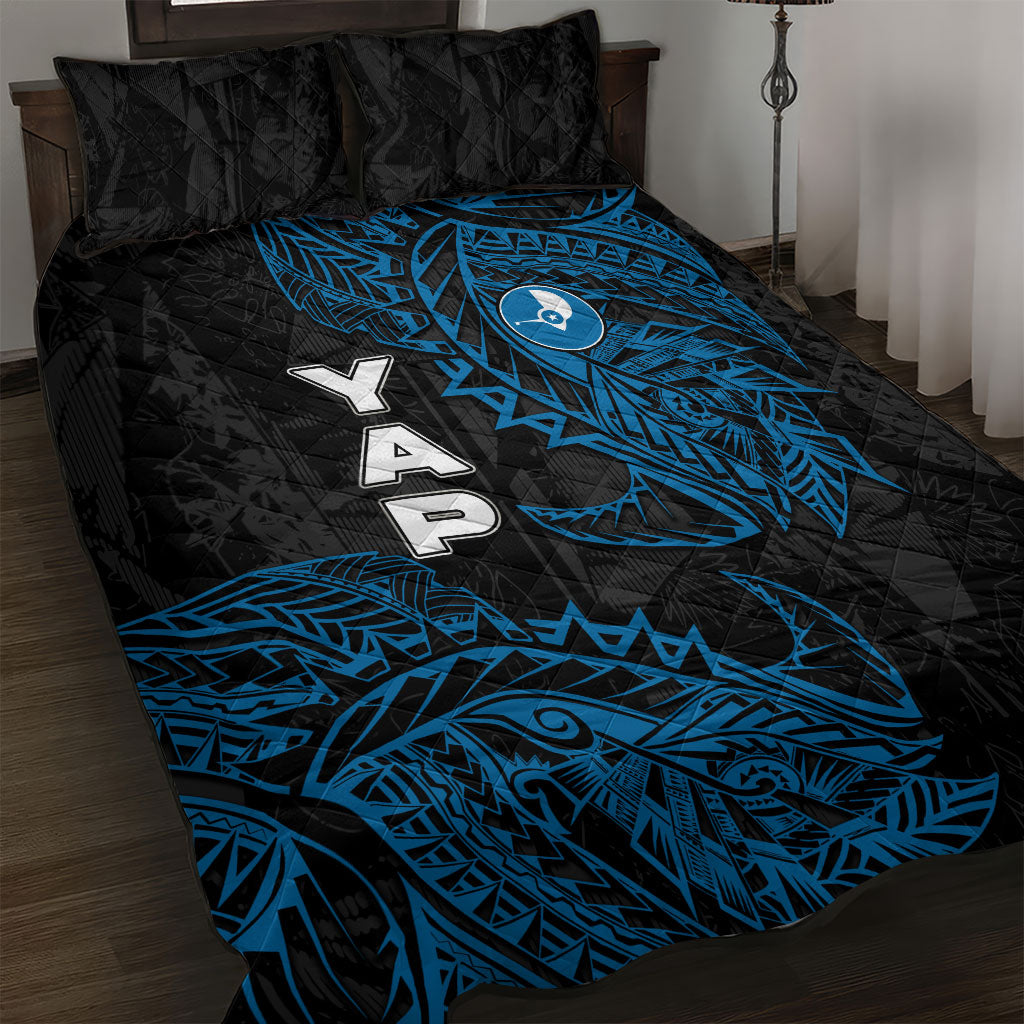 Yap Island Tribal Heritage Quilt Bed Set Micronesian Polynesian Tattoo Pattern Blue Black Cultural Art