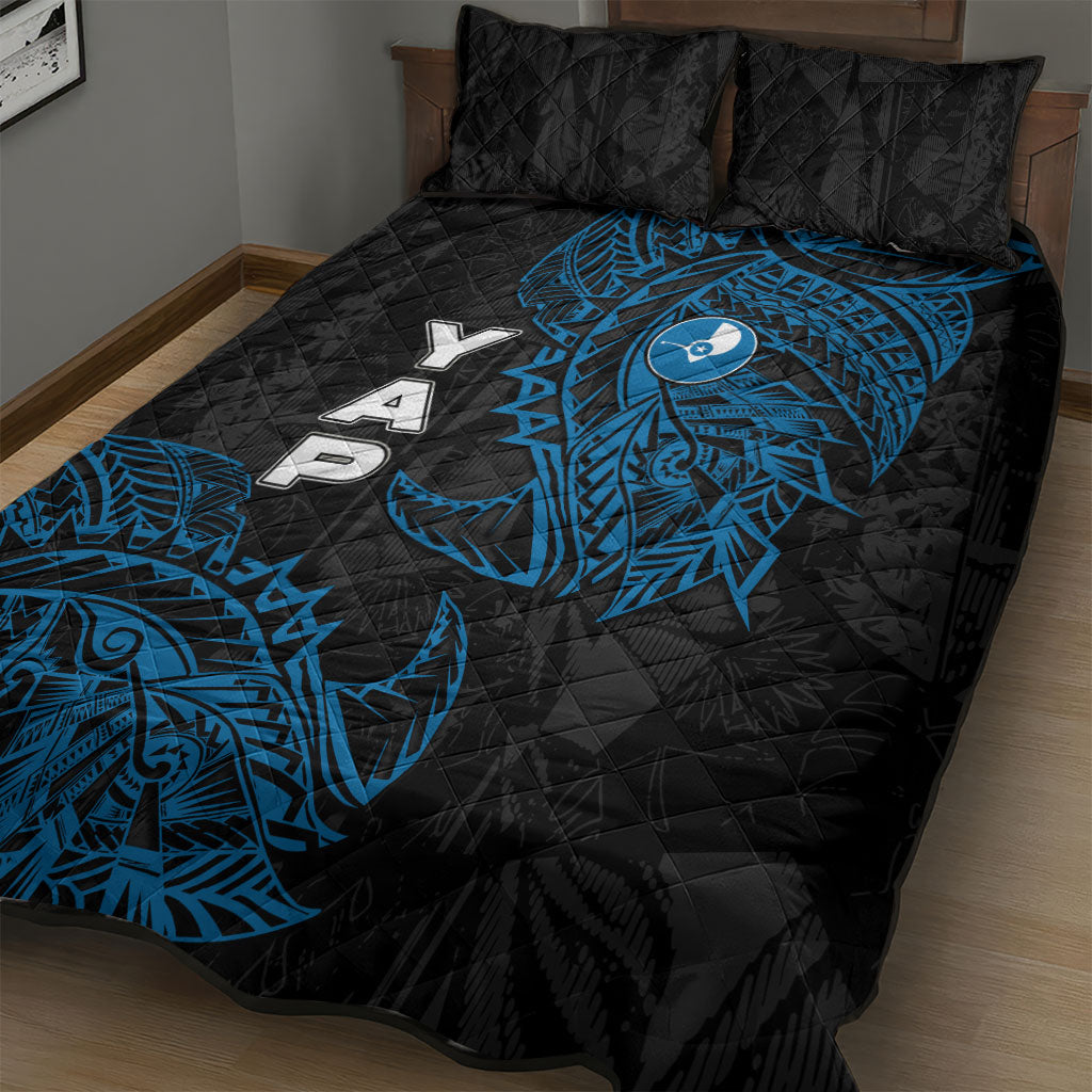 Yap Island Tribal Heritage Quilt Bed Set Micronesian Polynesian Tattoo Pattern Blue Black Cultural Art