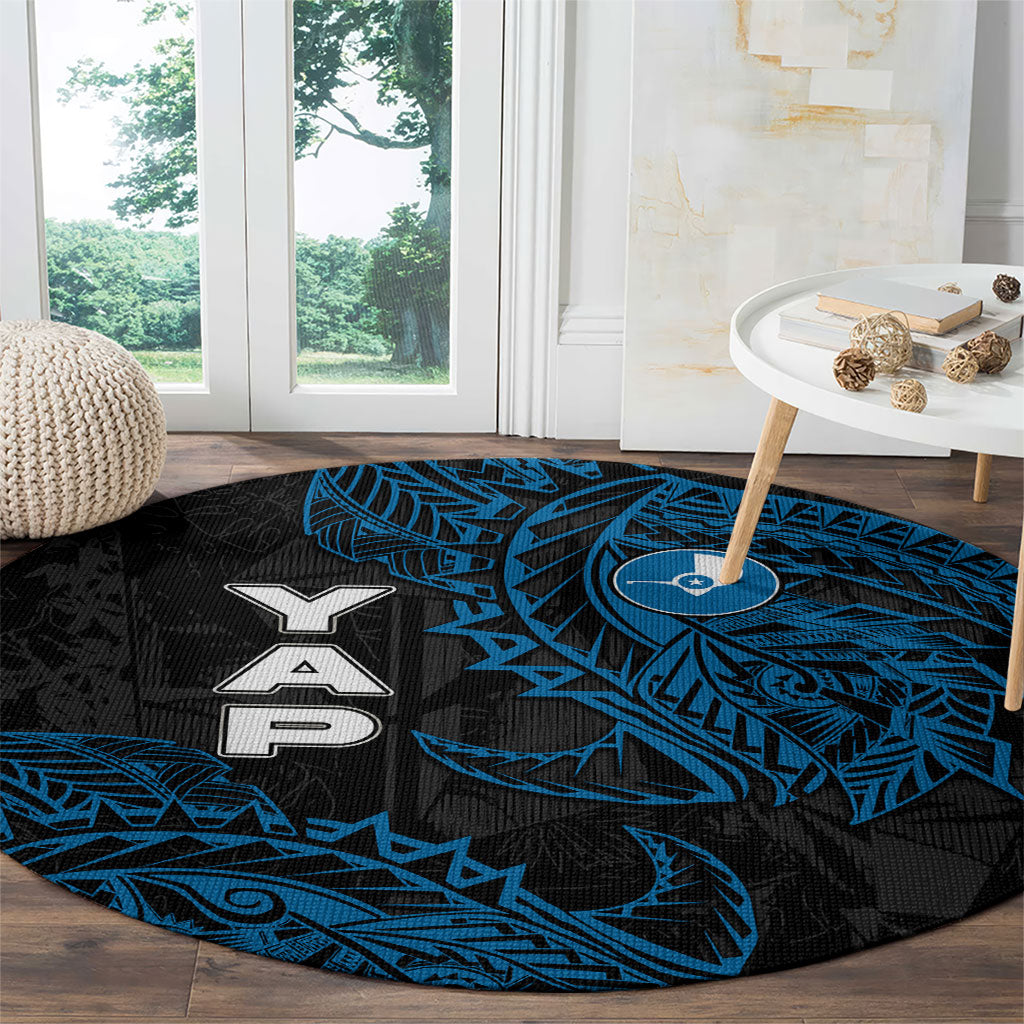 Yap Island Tribal Heritage Round Carpet Micronesian Polynesian Tattoo Pattern Blue Black Cultural Art