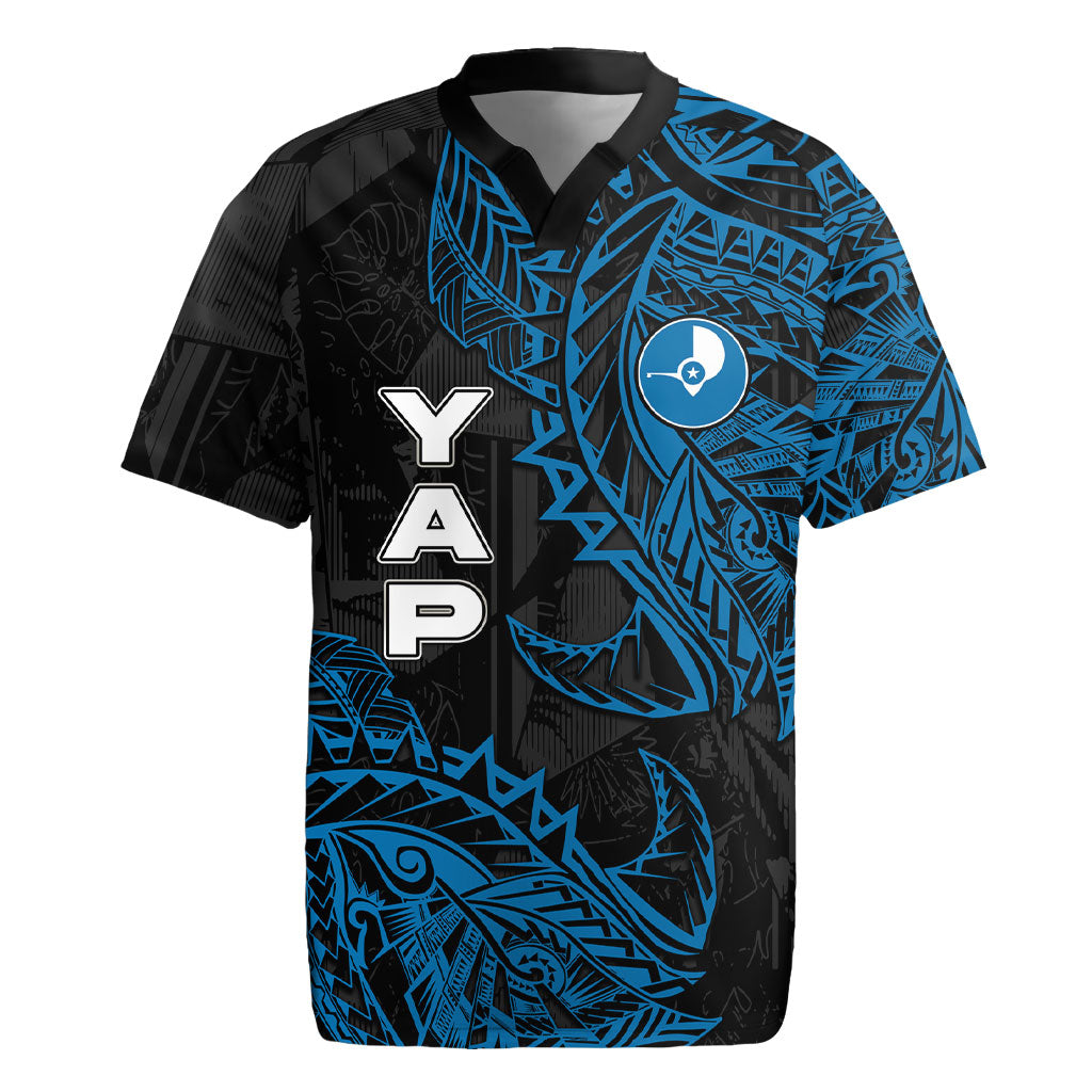 Yap Island Tribal Heritage Rugby Jersey Micronesian Polynesian Tattoo Pattern Blue Black Cultural Art