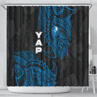 Yap Island Tribal Heritage Shower Curtain Micronesian Polynesian Tattoo Pattern Blue Black Cultural Art