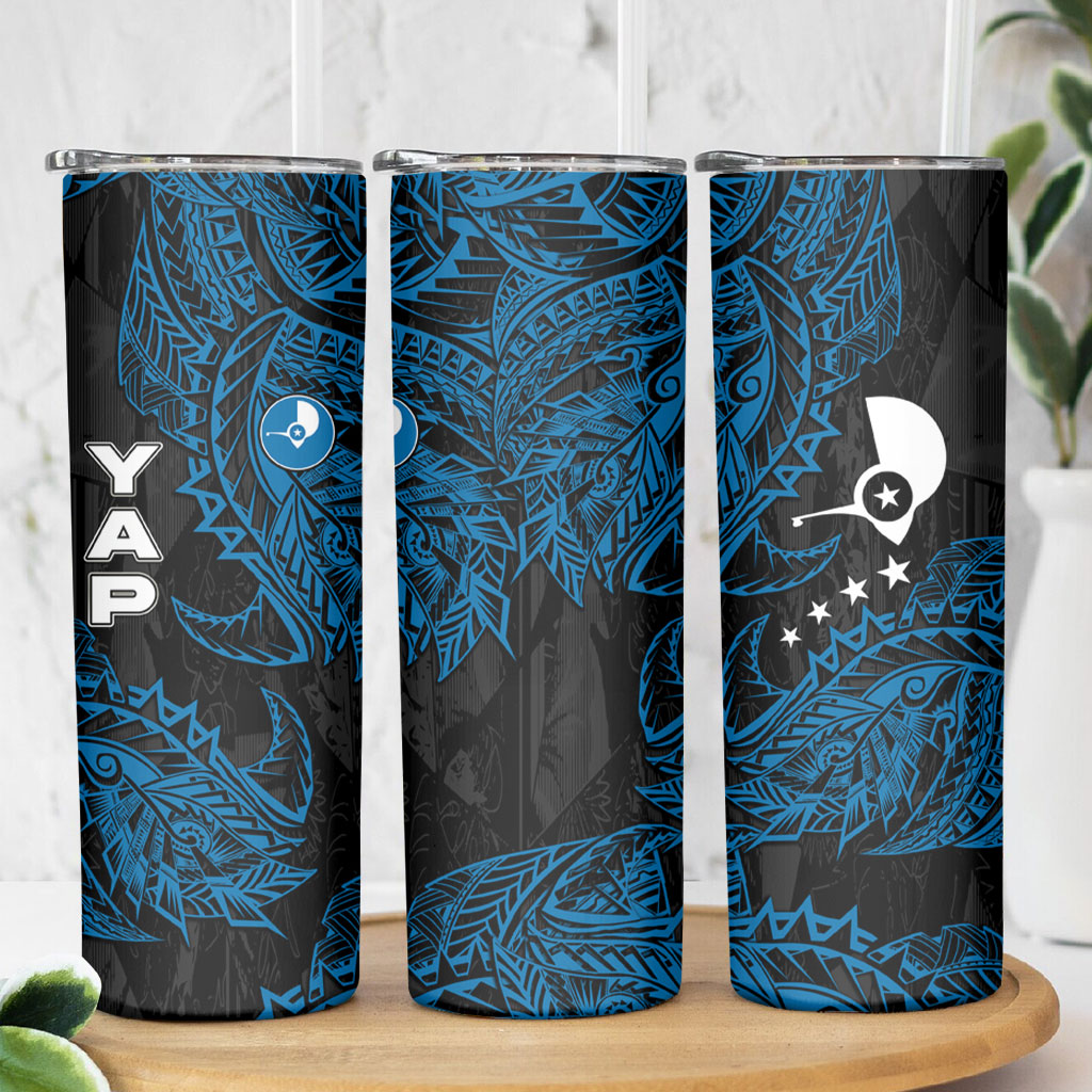 Yap Island Tribal Heritage Skinny Tumbler Micronesian Polynesian Tattoo Pattern Blue Black Cultural Art