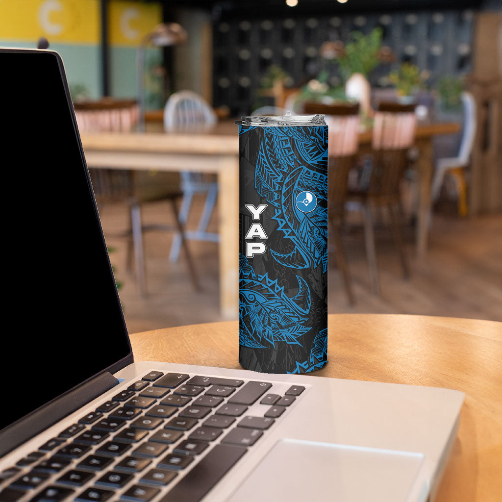 Yap Island Tribal Heritage Skinny Tumbler Micronesian Polynesian Tattoo Pattern Blue Black Cultural Art