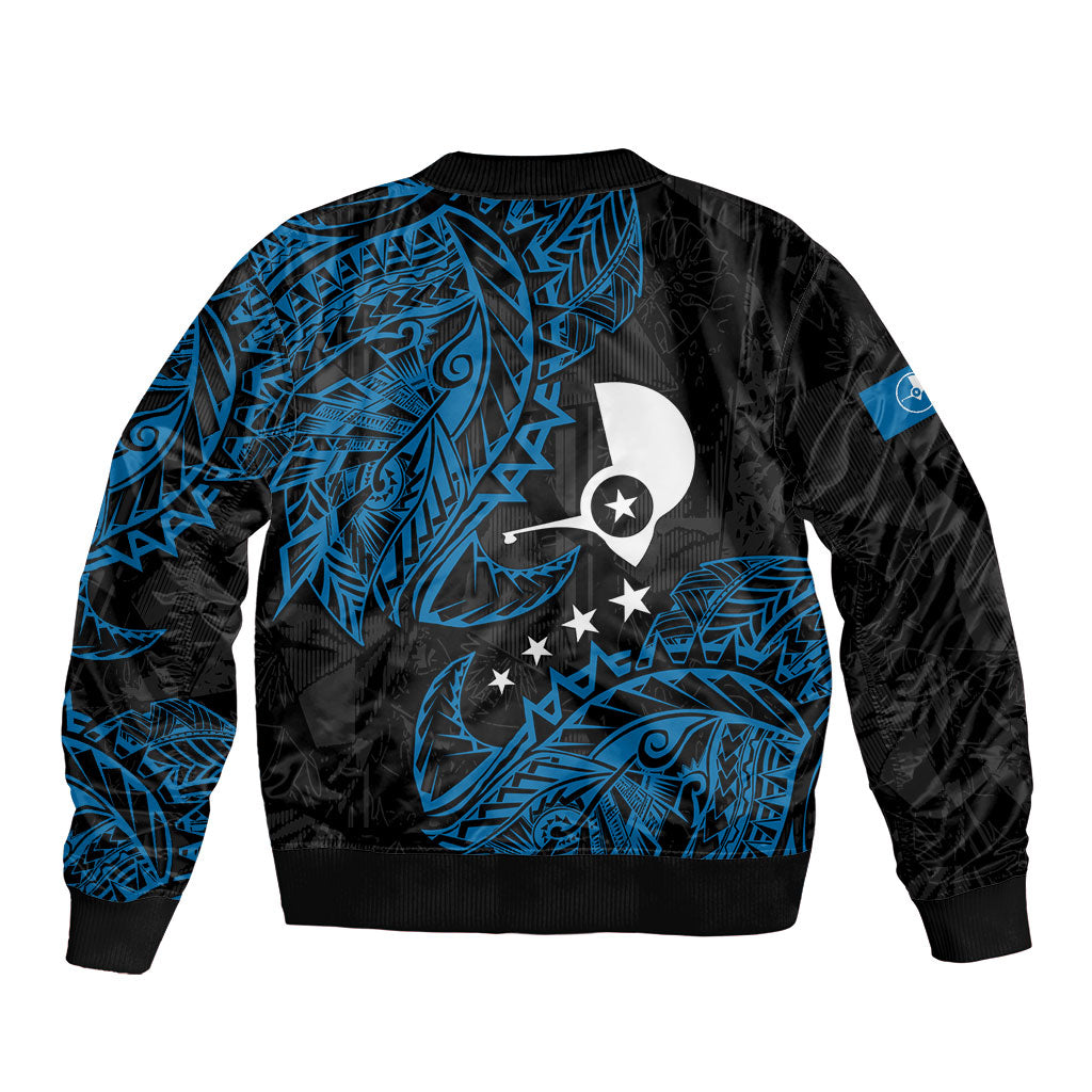 Yap Island Tribal Heritage Sleeve Zip Bomber Jacket Micronesian Polynesian Tattoo Pattern Blue Black Cultural Art