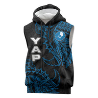 Yap Island Tribal Heritage Sleeveless Hoodie Micronesian Polynesian Tattoo Pattern Blue Black Cultural Art
