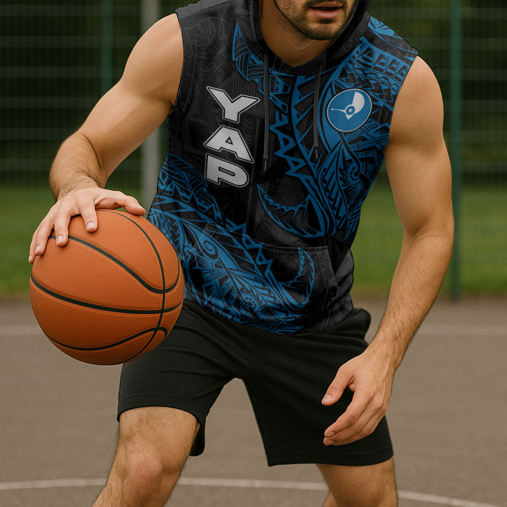 Yap Island Tribal Heritage Sleeveless Hoodie Micronesian Polynesian Tattoo Pattern Blue Black Cultural Art