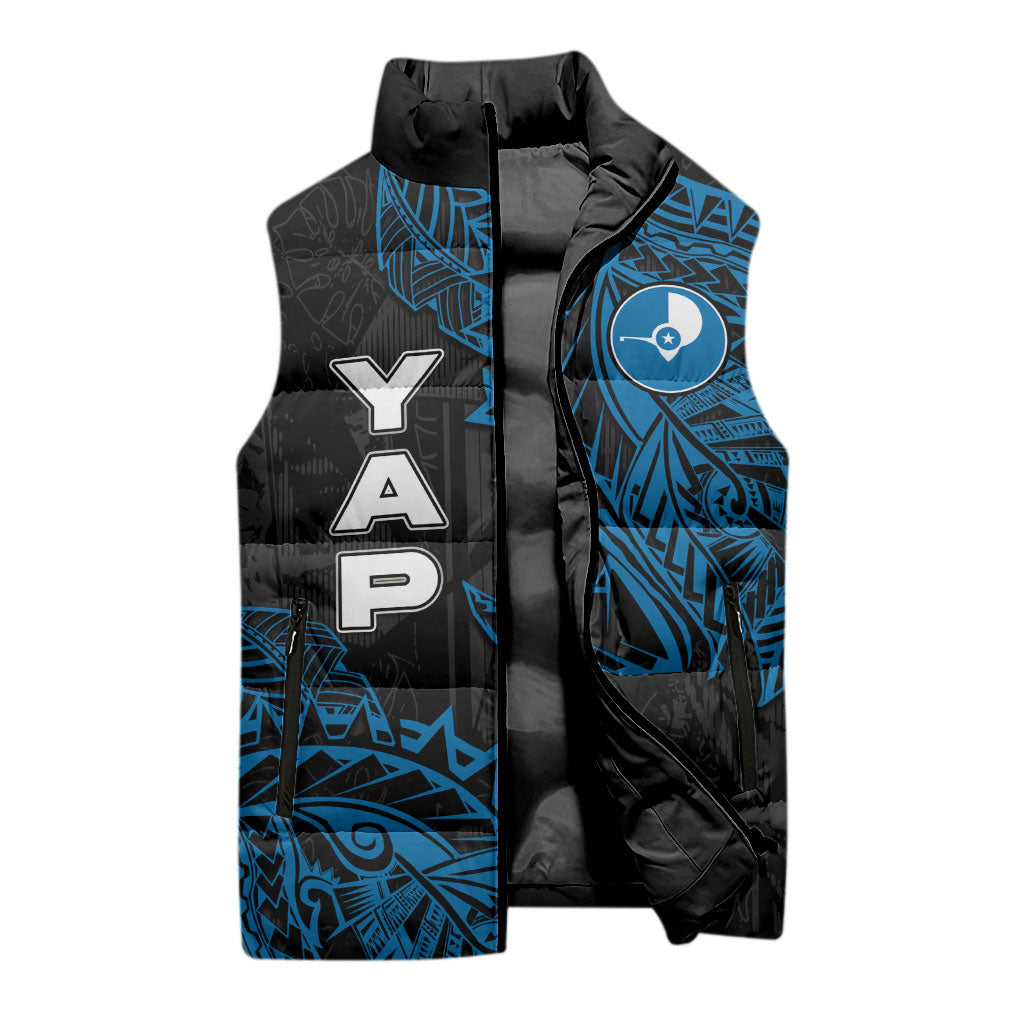 Yap Island Tribal Heritage Sleeveless Puffer Jacket Micronesian Polynesian Tattoo Pattern Blue Black Cultural Art