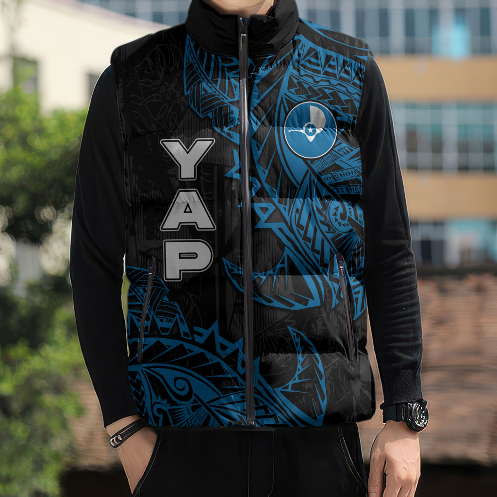 Yap Island Tribal Heritage Sleeveless Puffer Jacket Micronesian Polynesian Tattoo Pattern Blue Black Cultural Art