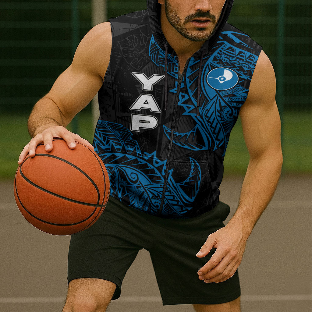 Yap Island Tribal Heritage Sleeveless Zip Hoodie Micronesian Polynesian Tattoo Pattern Blue Black Cultural Art