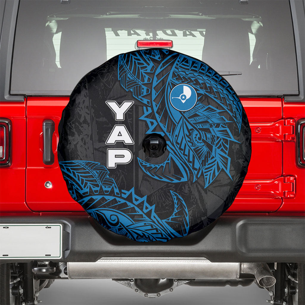 Yap Island Tribal Heritage Spare Tire Cover Micronesian Polynesian Tattoo Pattern Blue Black Cultural Art