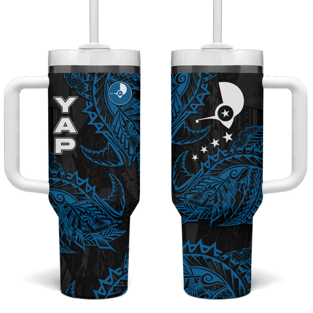 Yap Island Tribal Heritage Tumbler With Handle Micronesian Polynesian Tattoo Pattern Blue Black Cultural Art