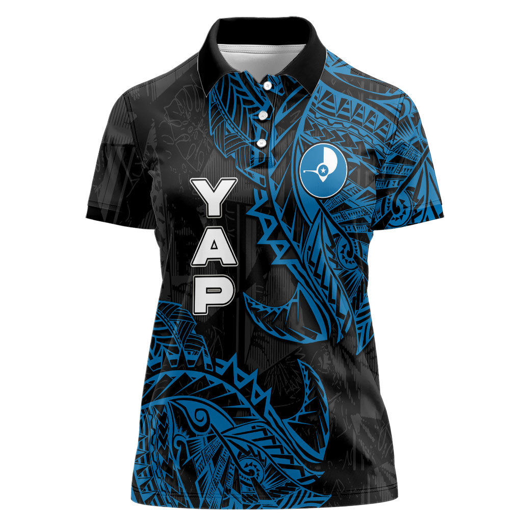 Yap Island Tribal Heritage Women Polo Shirt Micronesian Polynesian Tattoo Pattern Blue Black Cultural Art TS04 Female Black Blue - Polynesian Pride