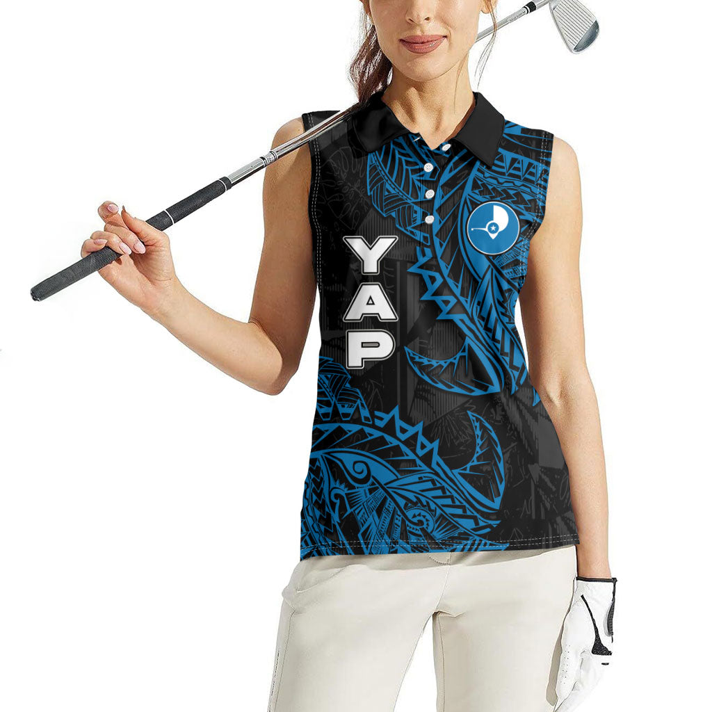 Yap Island Tribal Heritage Women Sleeveless Polo Shirt Micronesian Polynesian Tattoo Pattern Blue Black Cultural Art
