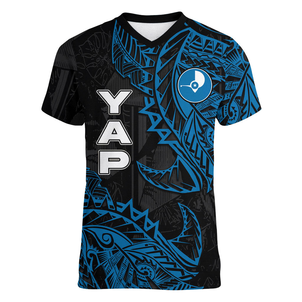 Yap Island Tribal Heritage Women V-Neck T-Shirt Micronesian Polynesian Tattoo Pattern Blue Black Cultural Art TS04 Female Black Blue - Polynesian Pride