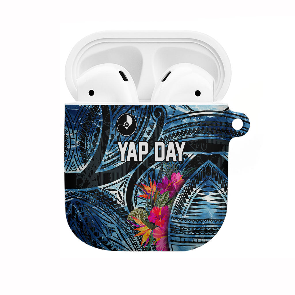 Yap Day Island Floral Tribal Heritage AirPods Case Micronesian Hibiscus Pattern Polynesian Tattoo Blue Art TS04 Black Blue - Polynesian Pride