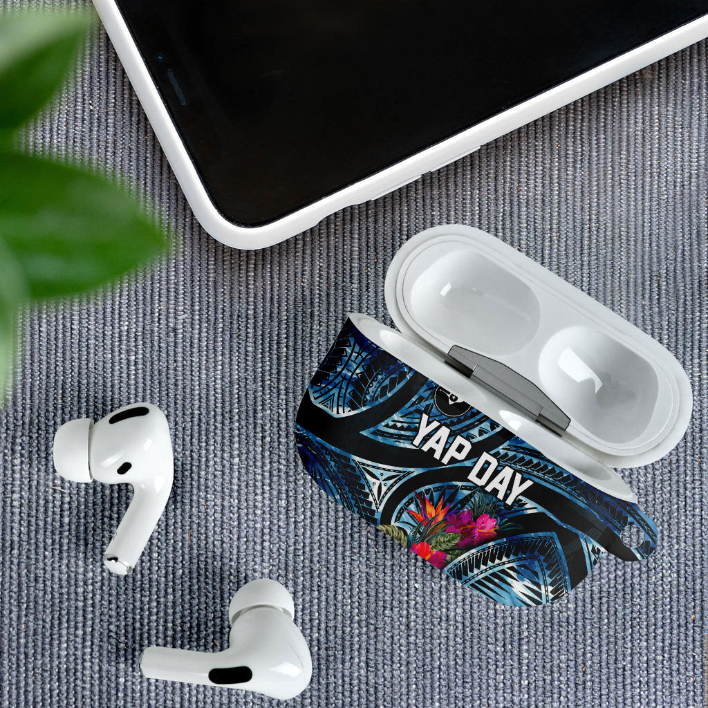 Yap Day Island Floral Tribal Heritage AirPods Case Micronesian Hibiscus Pattern Polynesian Tattoo Blue Art