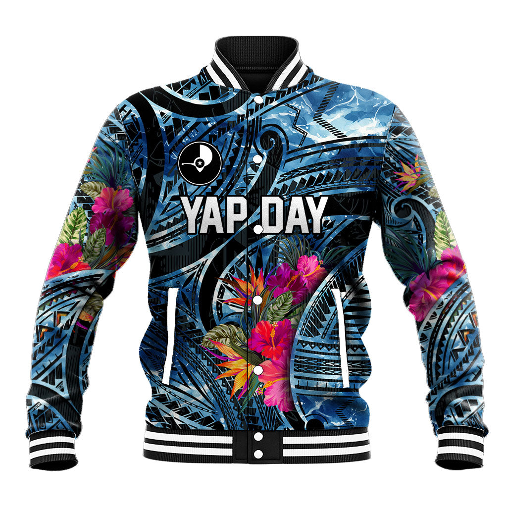 Yap Day Island Floral Tribal Heritage Baseball Jacket Micronesian Hibiscus Pattern Polynesian Tattoo Blue Art