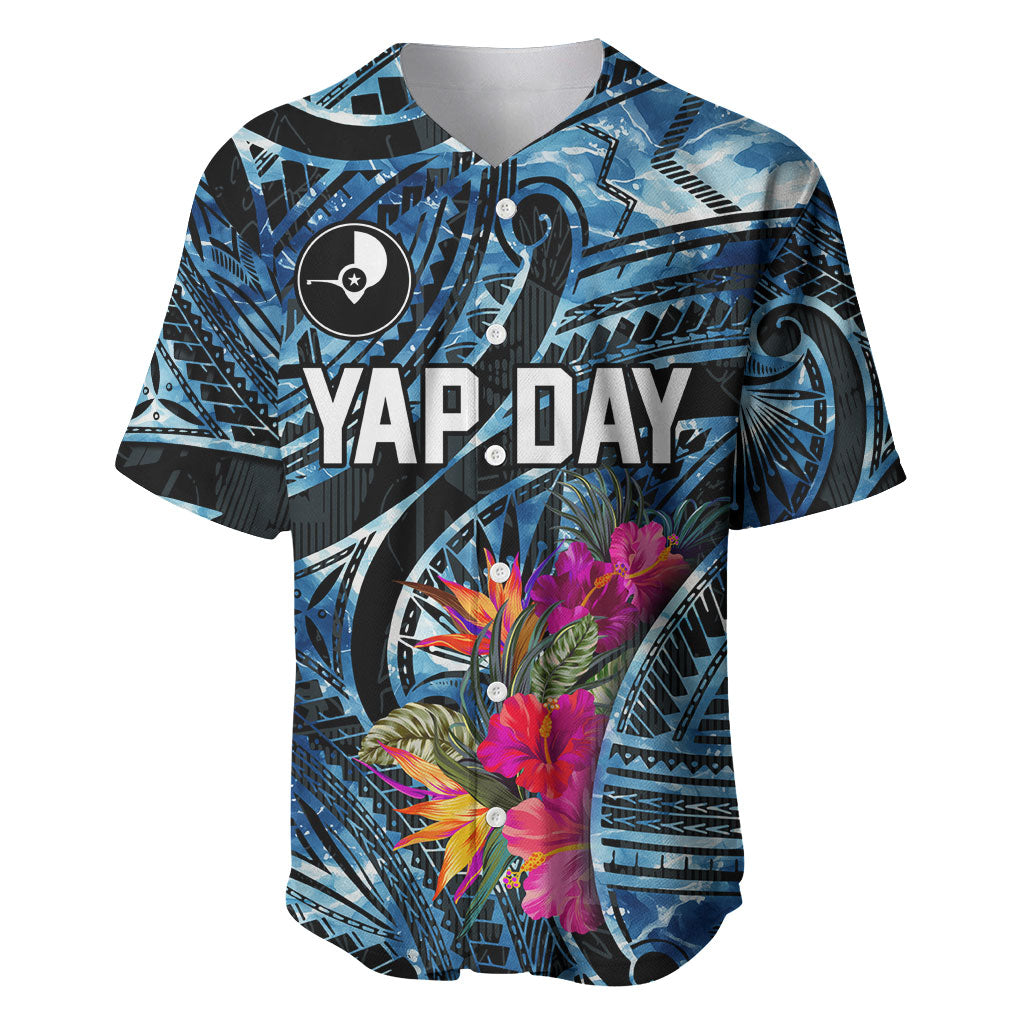 Yap Day Island Floral Tribal Heritage Baseball Jersey Micronesian Hibiscus Pattern Polynesian Tattoo Blue Art