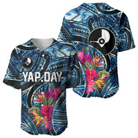 Yap Day Island Floral Tribal Heritage Baseball Jersey Micronesian Hibiscus Pattern Polynesian Tattoo Blue Art