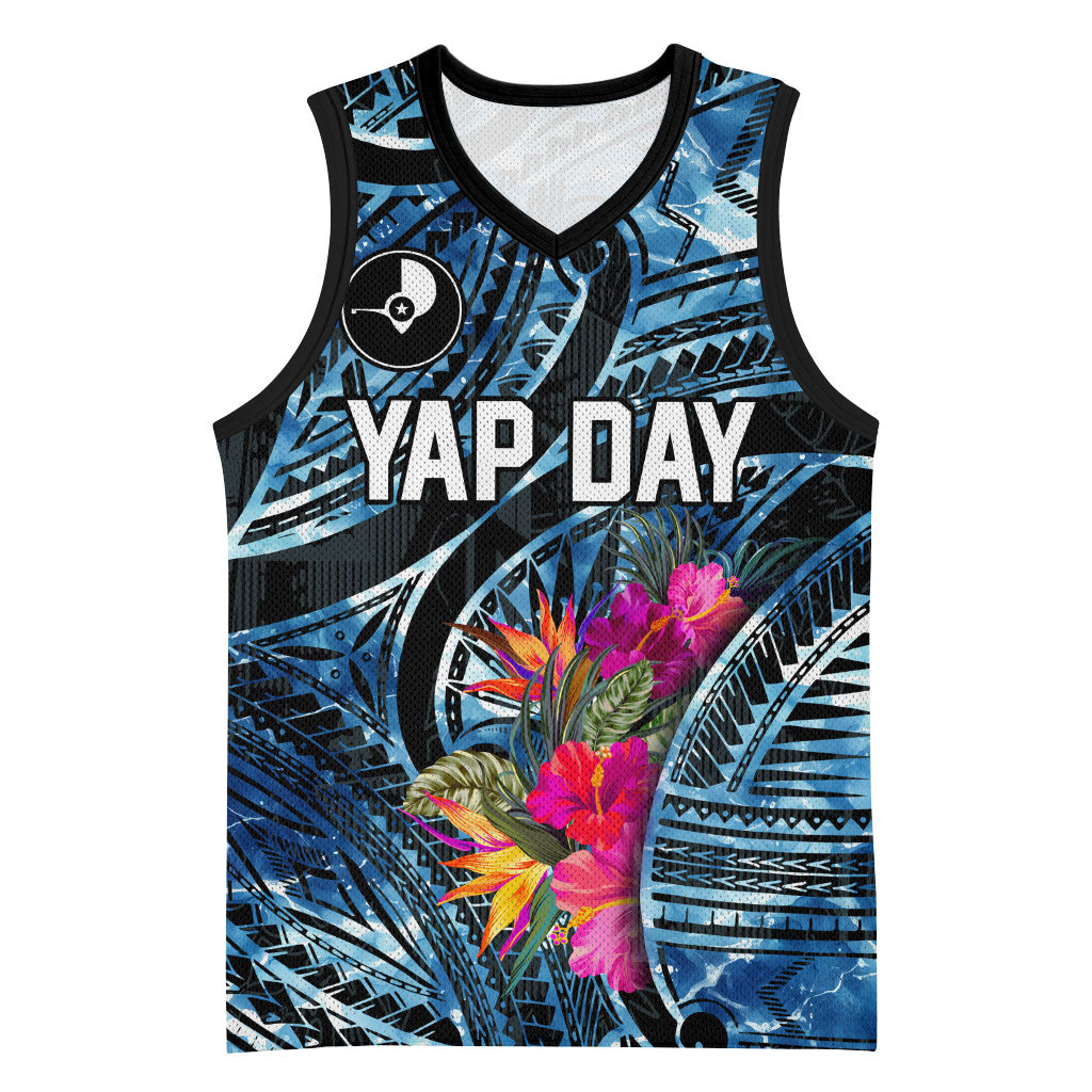Yap Day Island Floral Tribal Heritage Basketball Jersey Micronesian Hibiscus Pattern Polynesian Tattoo Blue Art