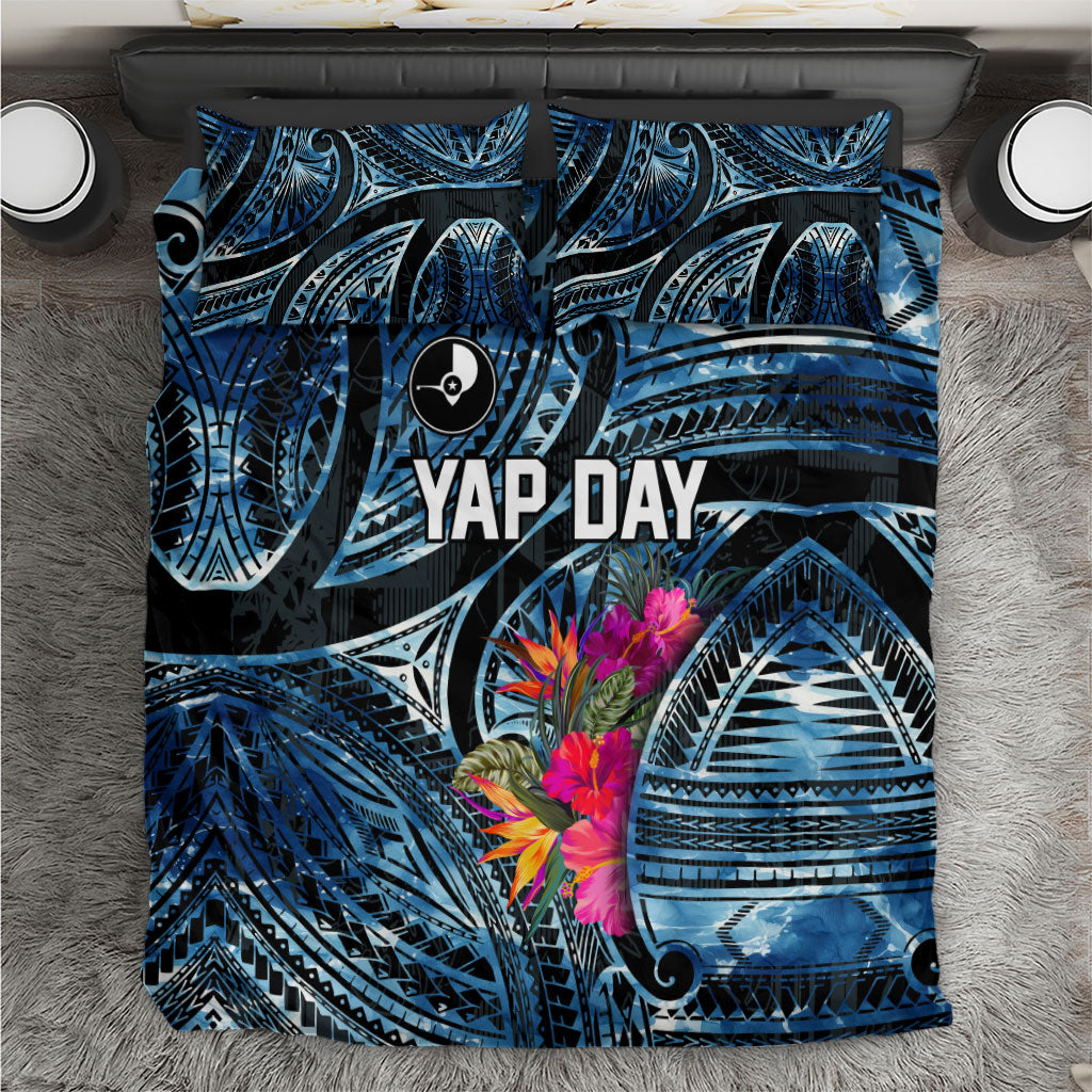 Yap Day Island Floral Tribal Heritage Bedding Set Micronesian Hibiscus Pattern Polynesian Tattoo Blue Art