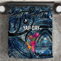 Yap Day Island Floral Tribal Heritage Bedding Set Micronesian Hibiscus Pattern Polynesian Tattoo Blue Art