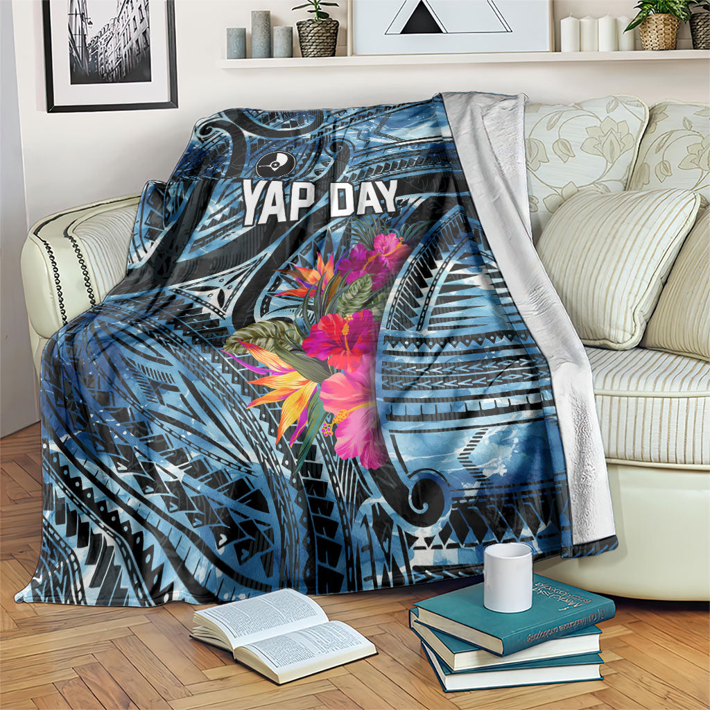 Yap Day Island Floral Tribal Heritage Blanket Micronesian Hibiscus Pattern Polynesian Tattoo Blue Art