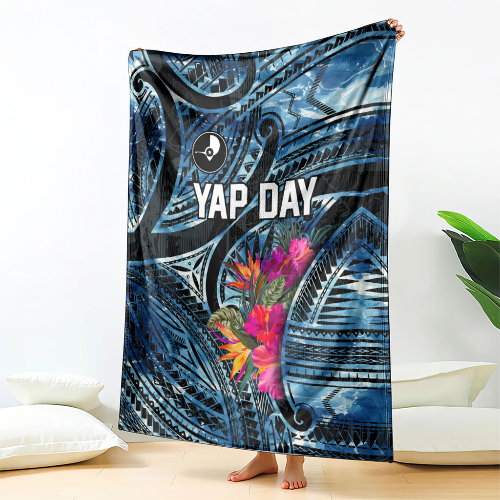 Yap Day Island Floral Tribal Heritage Blanket Micronesian Hibiscus Pattern Polynesian Tattoo Blue Art