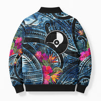 Yap Day Island Floral Tribal Heritage Bomber Puffer Jacket Micronesian Hibiscus Pattern Polynesian Tattoo Blue Art