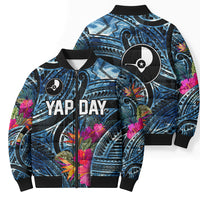 Yap Day Island Floral Tribal Heritage Bomber Puffer Jacket Micronesian Hibiscus Pattern Polynesian Tattoo Blue Art