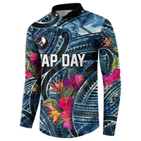 Yap Day Island Floral Tribal Heritage Button Sweatshirt Micronesian Hibiscus Pattern Polynesian Tattoo Blue Art