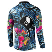 Yap Day Island Floral Tribal Heritage Button Sweatshirt Micronesian Hibiscus Pattern Polynesian Tattoo Blue Art