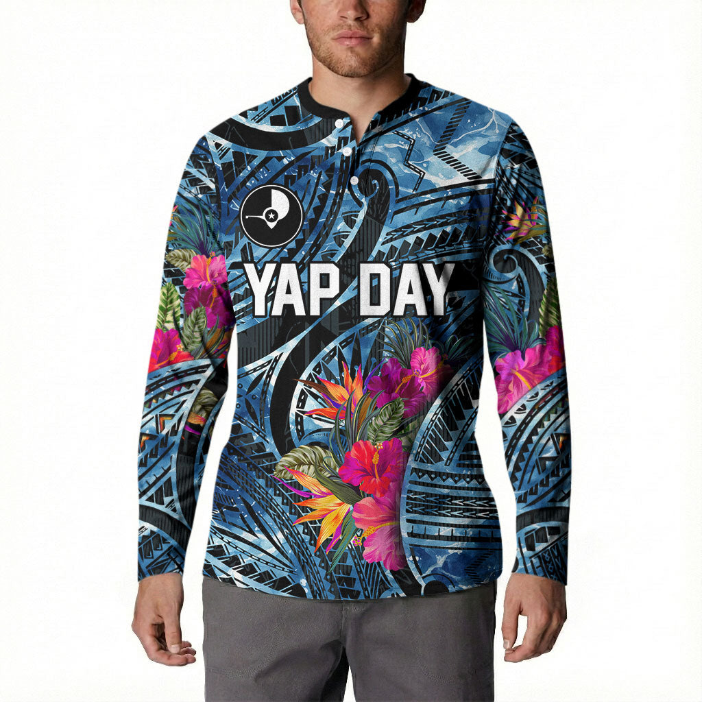 Yap Day Island Floral Tribal Heritage Button Sweatshirt Micronesian Hibiscus Pattern Polynesian Tattoo Blue Art