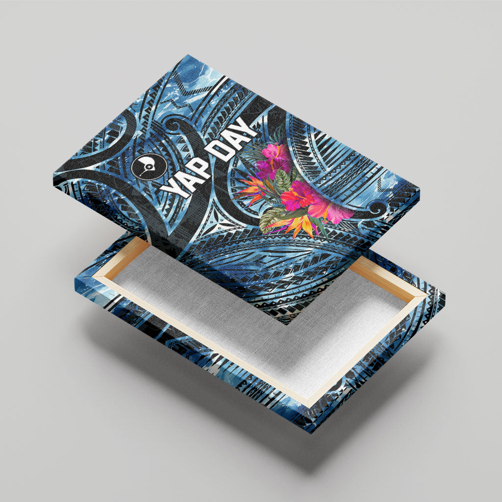 Yap Day Island Floral Tribal Heritage Canvas Wall Art Micronesian Hibiscus Pattern Polynesian Tattoo Blue Art