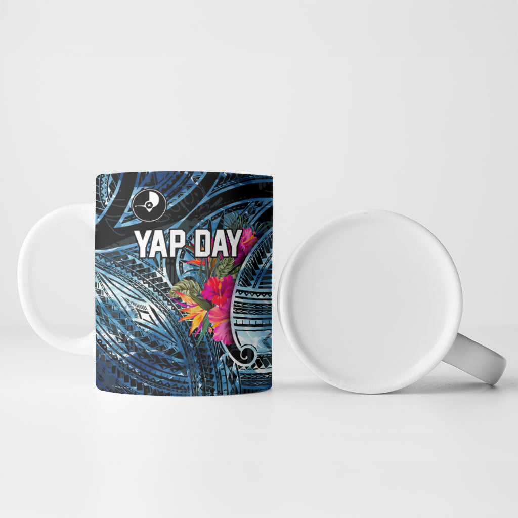 Yap Day Island Floral Tribal Heritage Ceramic Mug Micronesian Hibiscus Pattern Polynesian Tattoo Blue Art