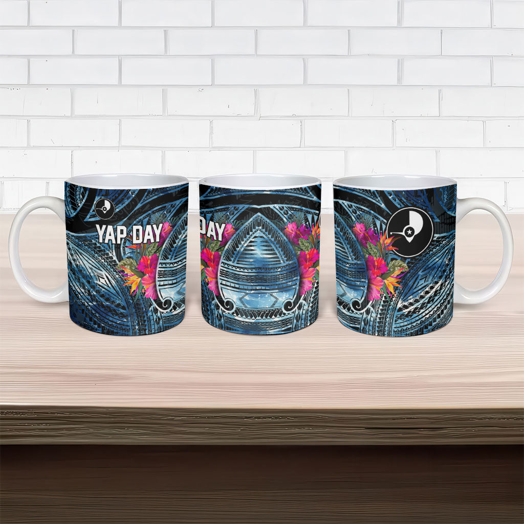 Yap Day Island Floral Tribal Heritage Ceramic Mug Micronesian Hibiscus Pattern Polynesian Tattoo Blue Art