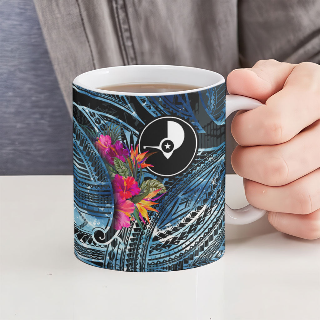 Yap Day Island Floral Tribal Heritage Ceramic Mug Micronesian Hibiscus Pattern Polynesian Tattoo Blue Art