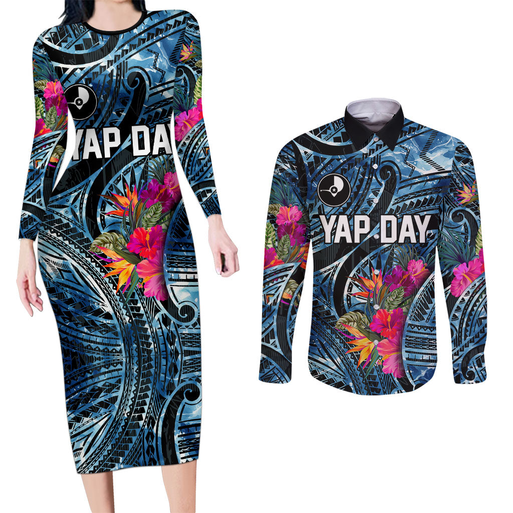 Yap Day Island Floral Tribal Heritage Couples Matching Long Sleeve Bodycon Dress and Long Sleeve Button Shirt Micronesian Hibiscus Pattern Polynesian Tattoo Blue Art TS04 Black Blue - Polynesian Pride