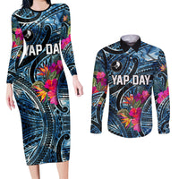 Yap Day Island Floral Tribal Heritage Couples Matching Long Sleeve Bodycon Dress and Long Sleeve Button Shirt Micronesian Hibiscus Pattern Polynesian Tattoo Blue Art
