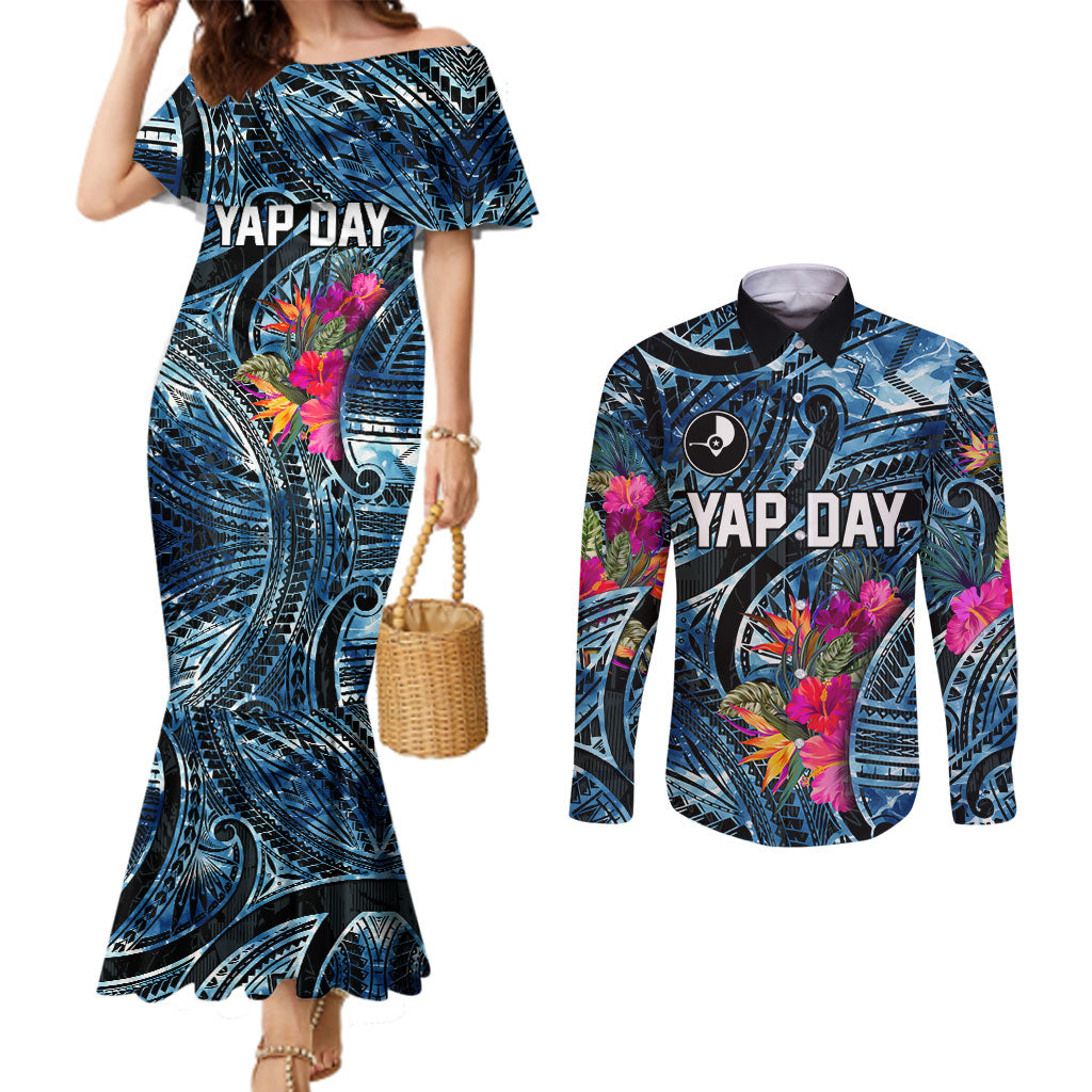 Yap Day Island Floral Tribal Heritage Couples Matching Mermaid Dress and Long Sleeve Button Shirt Micronesian Hibiscus Pattern Polynesian Tattoo Blue Art