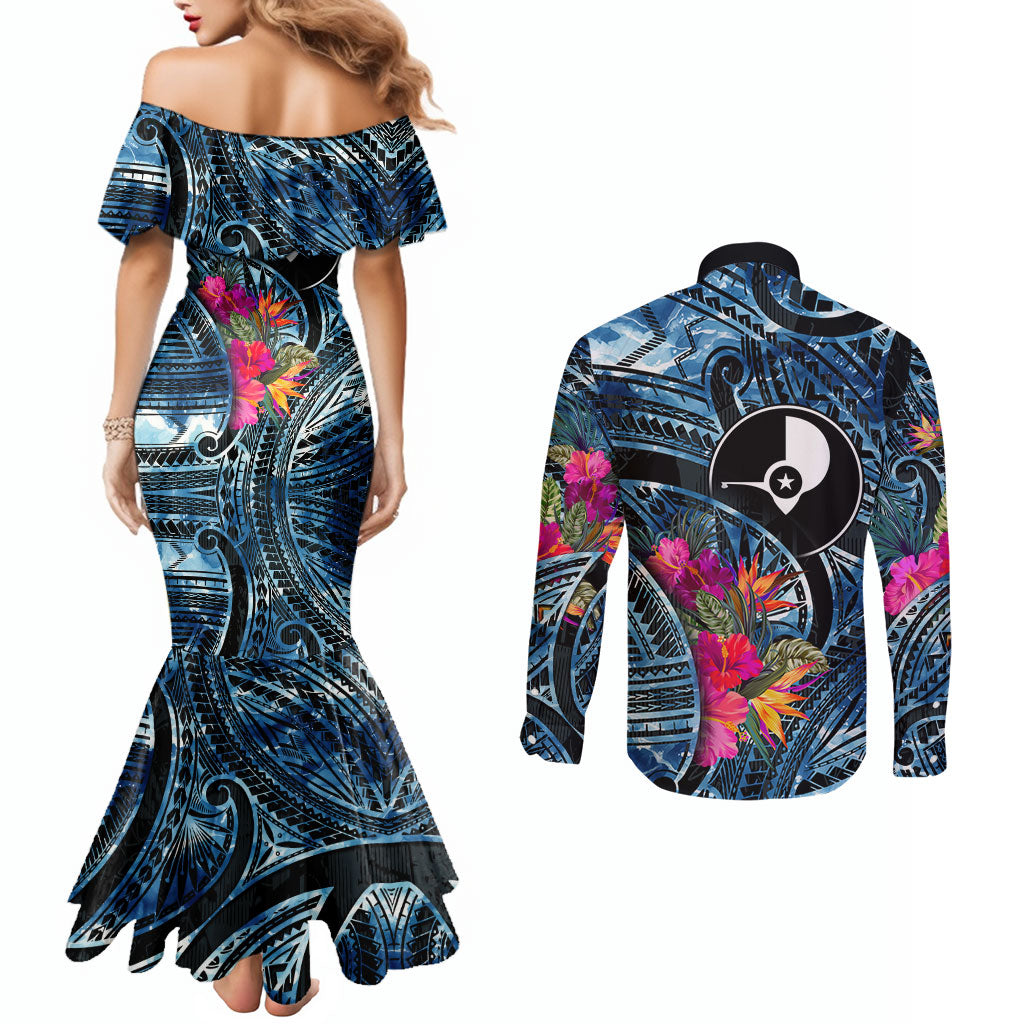 Yap Day Island Floral Tribal Heritage Couples Matching Mermaid Dress and Long Sleeve Button Shirt Micronesian Hibiscus Pattern Polynesian Tattoo Blue Art