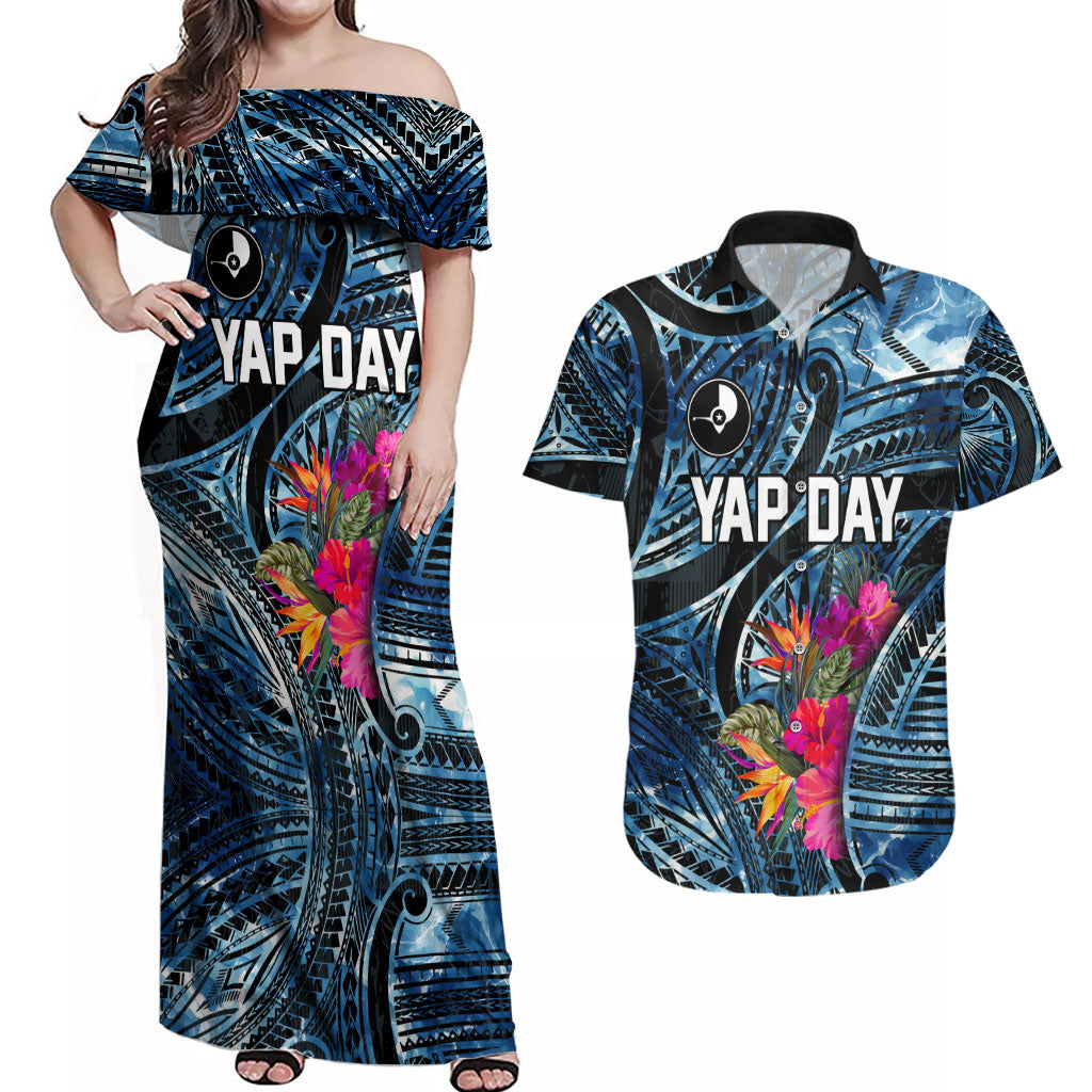 Yap Day Island Floral Tribal Heritage Couples Matching Off Shoulder Maxi Dress and Hawaiian Shirt Micronesian Hibiscus Pattern Polynesian Tattoo Blue Art TS04 Black Blue - Polynesian Pride