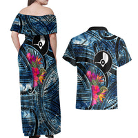 Yap Day Island Floral Tribal Heritage Couples Matching Off Shoulder Maxi Dress and Hawaiian Shirt Micronesian Hibiscus Pattern Polynesian Tattoo Blue Art